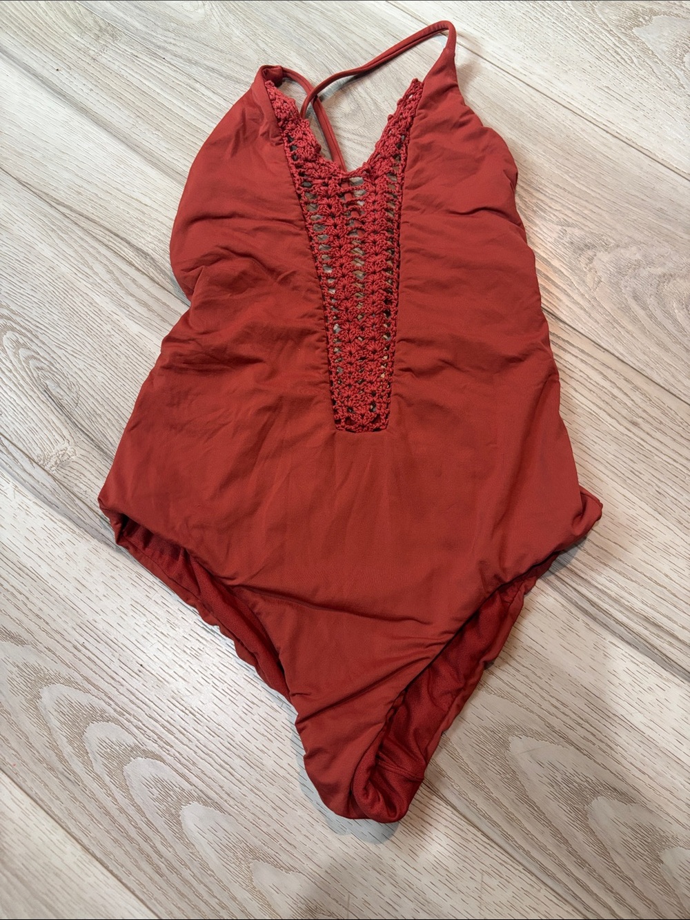 One-Piece Swim Suit in Rust Red with Crochet Detail